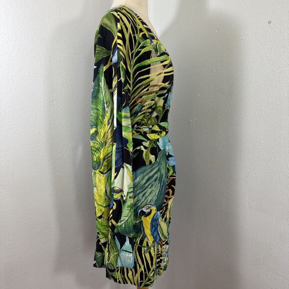 H M Dress Womens L Short Kaftan Multi Tropical Parrot Belted Vacation Resort - Picture 5 of 12